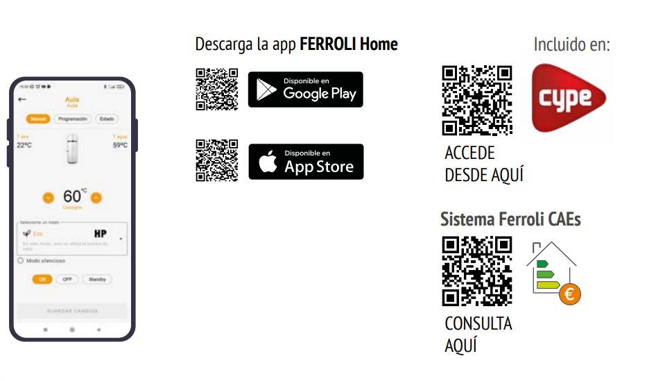 Control total desde tu móvil con WiFi de serie Una de sus grandes ventajas es su conectividad WiFi integrada de serie, que te permite controlar el equipo desde cualquier lugar a través de la app FERROLI Home.  Con esta app puedes:  Encender y apagar el equipo remotamente Ajustar la temperatura del agua Programar horarios de funcionamiento Visualizar el consumo eléctrico y ahorro generado Monitorizar la energía renovable utilizada Esto convierte el equipo en una solución inteligente, adaptada a tu ritmo de vida y a las nuevas tarifas eléctricas.
